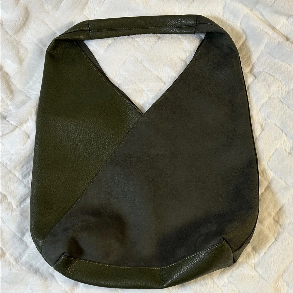 Olive Green Leather And Suede Hobo Tote Bag - Picture 1 of 10